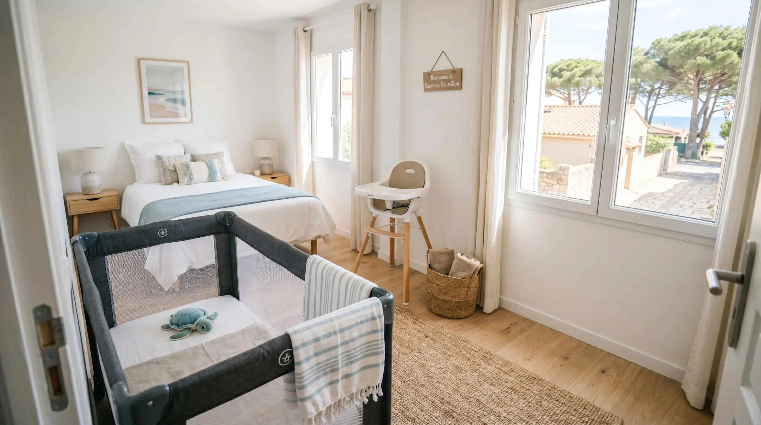 Chambre d'appartement de vacances Canet équipée lit parapluie et chaise haute, décor méditerranéen contemporain, lumière naturelle abondante