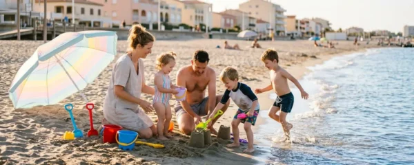 Famille avec jeunes enfants jouant sur la plage de sable fin de Canet-en-Roussillon, parasol et jouets de plage, front de mer en arrière-plan, lumière dorée d'après-midi