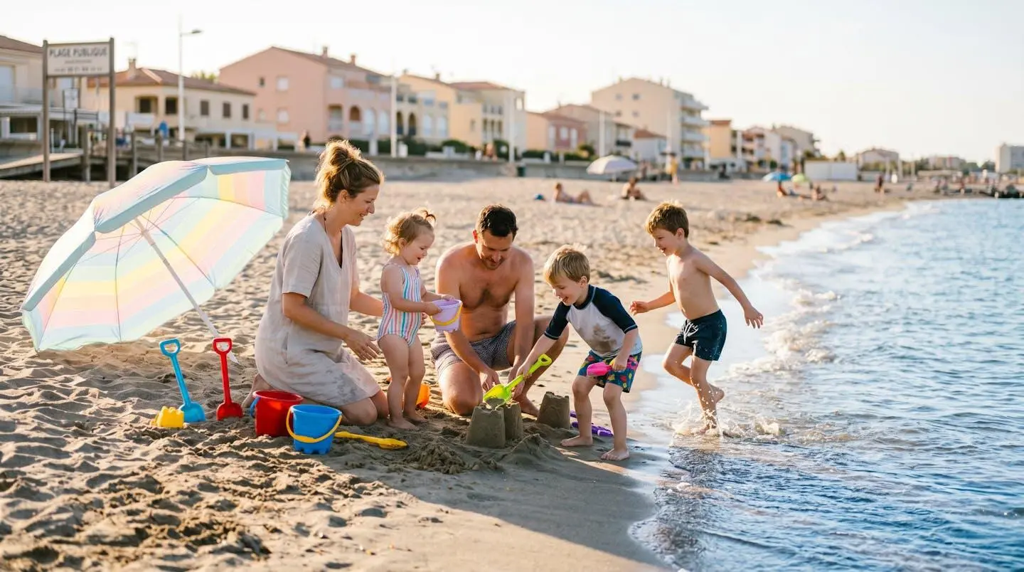 Famille avec jeunes enfants jouant sur la plage de sable fin de Canet-en-Roussillon, parasol et jouets de plage, front de mer en arrière-plan, lumière dorée d'après-midi