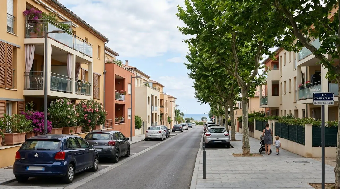 Rue résidentielle calme de Canet-en-Roussillon, immeubles méditerranéens récents, trottoirs larges pour poussettes, végétation, ambiance familiale tranquille