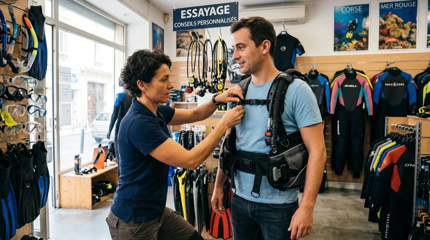 Conseiller de magasin de plongée aidant un client débutant à ajuster les sangles d'un gilet stabilisateur lors d'un essayage en boutique spécialisée