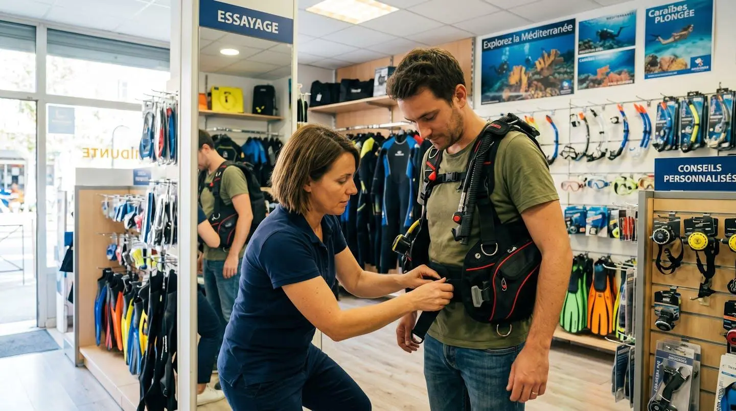 Conseiller de magasin de plongée aidant un client débutant à ajuster les sangles d'un gilet stabilisateur lors d'un essayage en boutique spécialisée