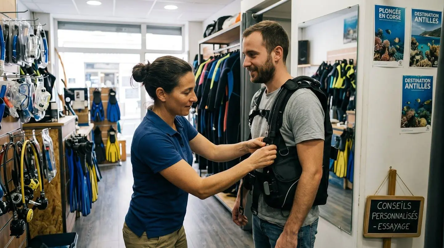 Conseiller de magasin de plongée aidant un client débutant à ajuster les sangles d'un gilet stabilisateur lors d'un essayage en boutique spécialisée