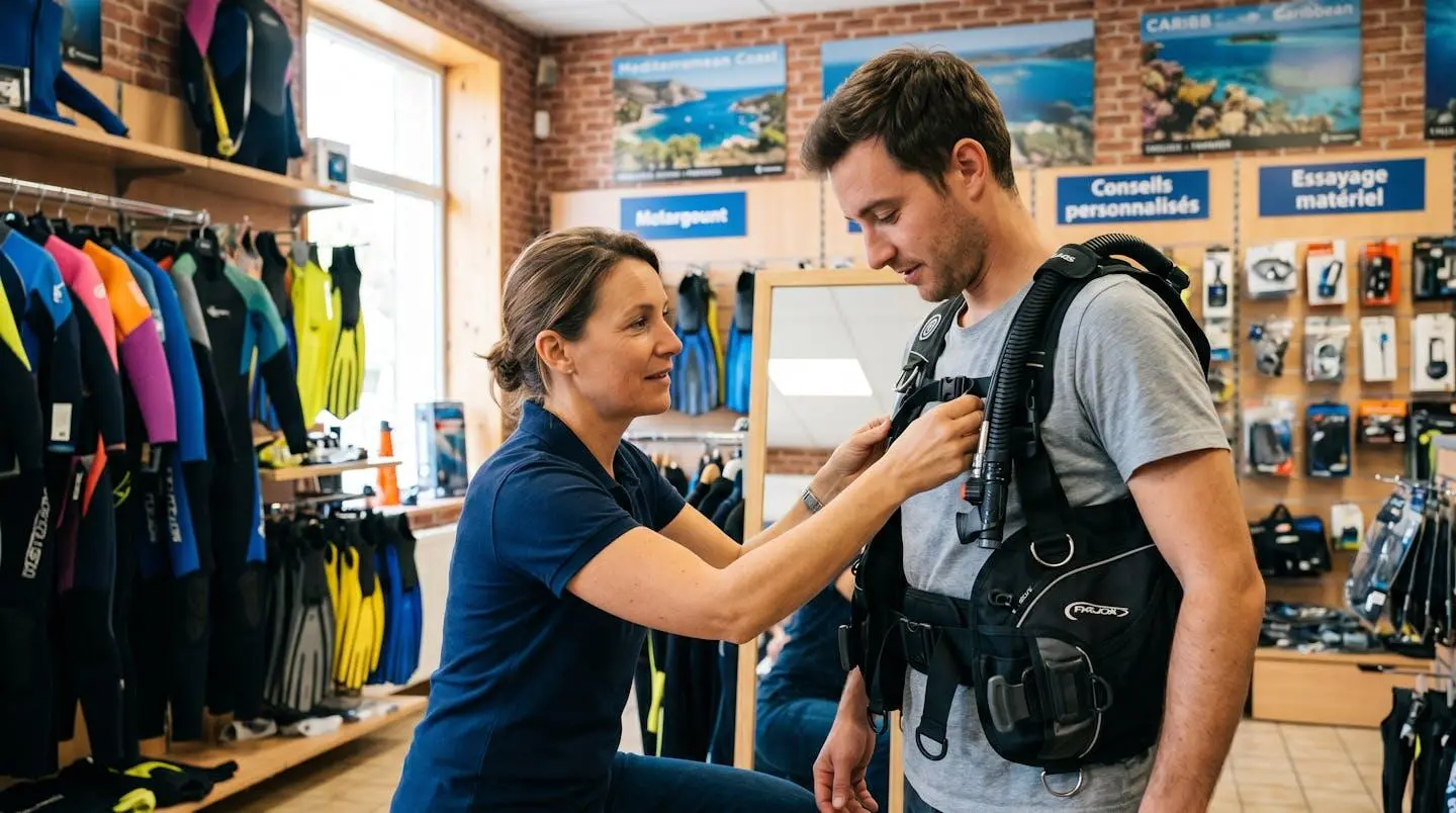 Conseiller de magasin de plongée aidant un client débutant à ajuster les sangles d'un gilet stabilisateur lors d'un essayage en boutique spécialisée