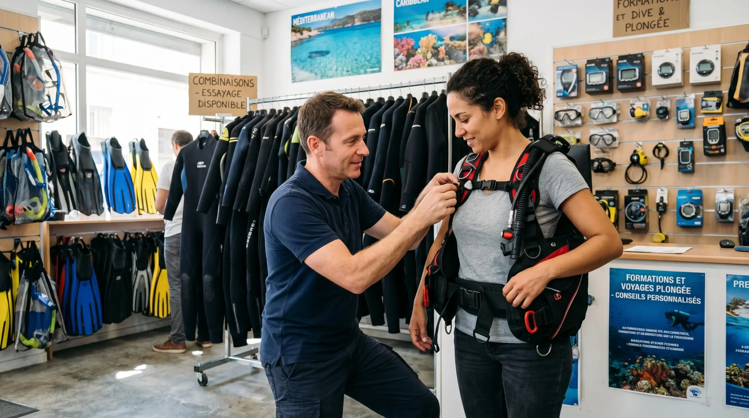 Conseiller de magasin de plongée aidant un client débutant à ajuster les sangles d'un gilet stabilisateur lors d'un essayage en boutique spécialisée