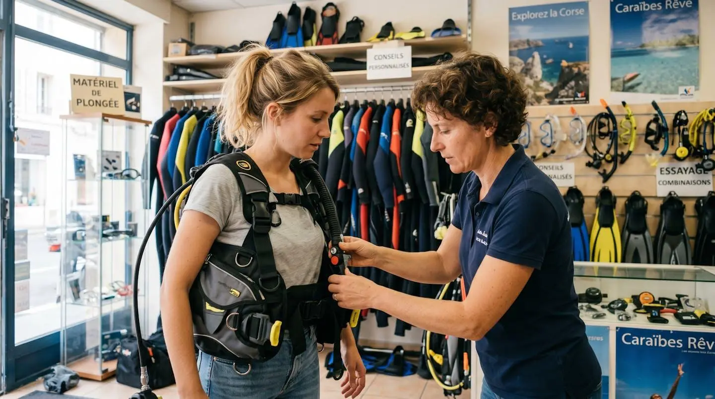 Conseiller de magasin de plongée aidant un client débutant à ajuster les sangles d'un gilet stabilisateur lors d'un essayage en boutique spécialisée