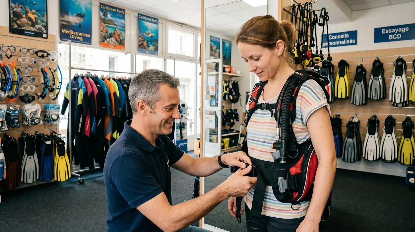 Conseiller de magasin de plongée aidant un client débutant à ajuster les sangles d'un gilet stabilisateur lors d'un essayage en boutique spécialisée
