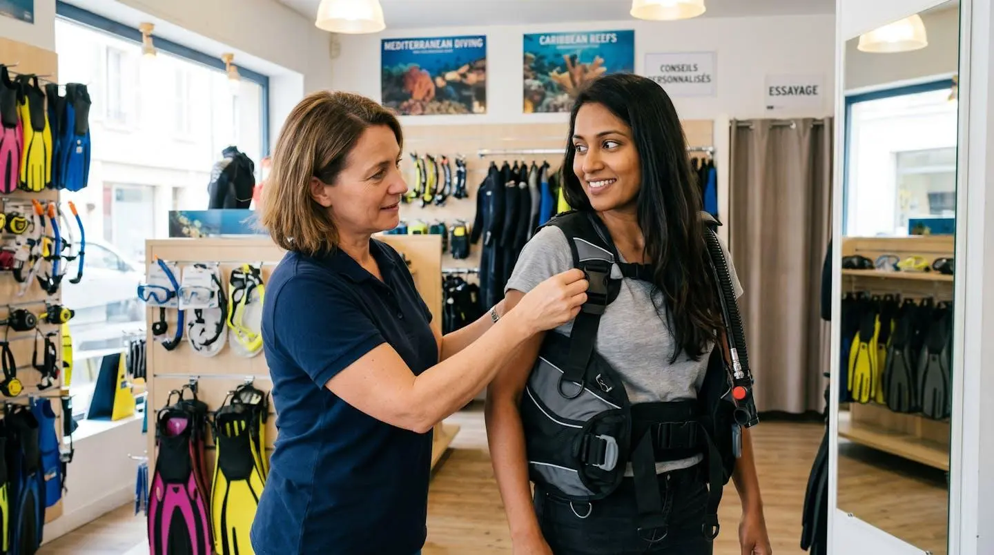 Conseiller de magasin de plongée aidant un client débutant à ajuster les sangles d'un gilet stabilisateur lors d'un essayage en boutique spécialisée