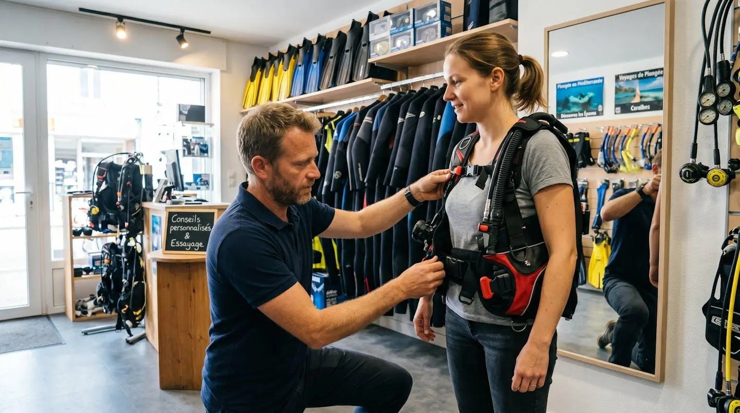 Conseiller de magasin de plongée aidant un client débutant à ajuster les sangles d'un gilet stabilisateur lors d'un essayage en boutique spécialisée