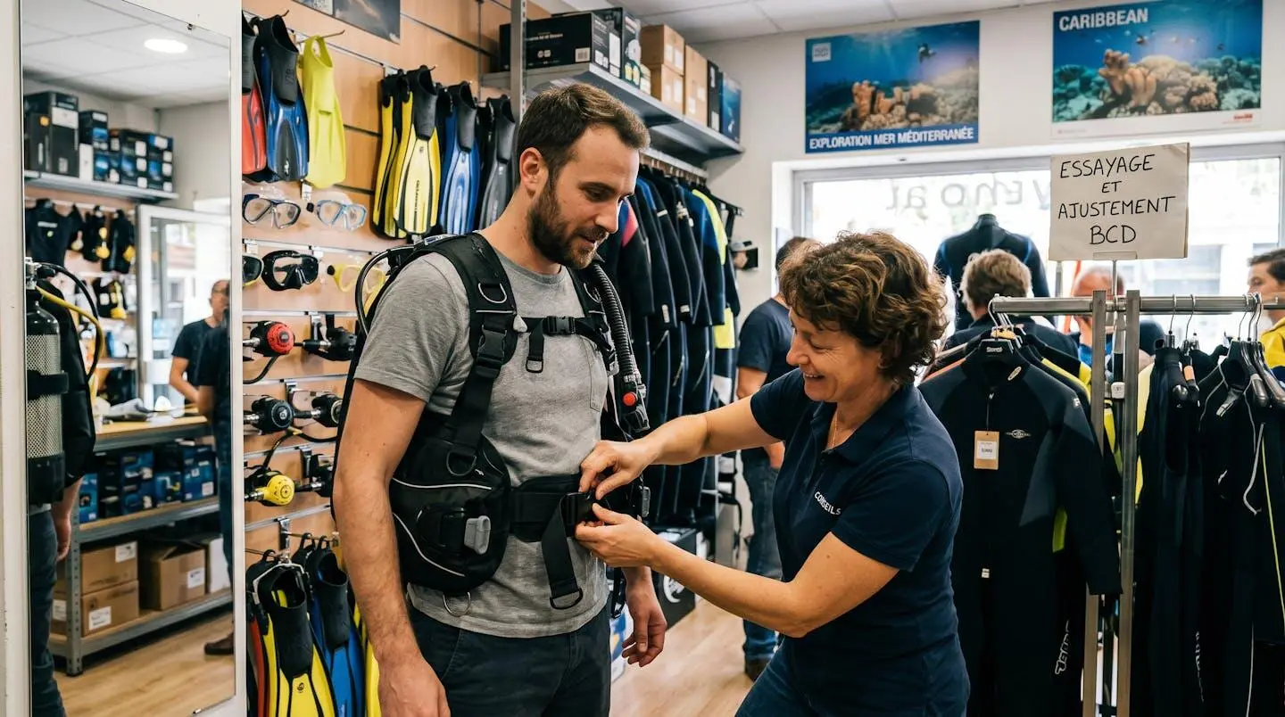 Conseiller de magasin de plongée aidant un client débutant à ajuster les sangles d'un gilet stabilisateur lors d'un essayage en boutique spécialisée