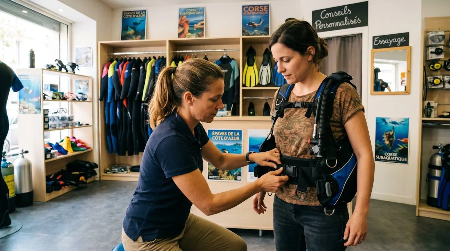 Conseiller de magasin de plongée aidant un client débutant à ajuster les sangles d'un gilet stabilisateur lors d'un essayage en boutique spécialisée