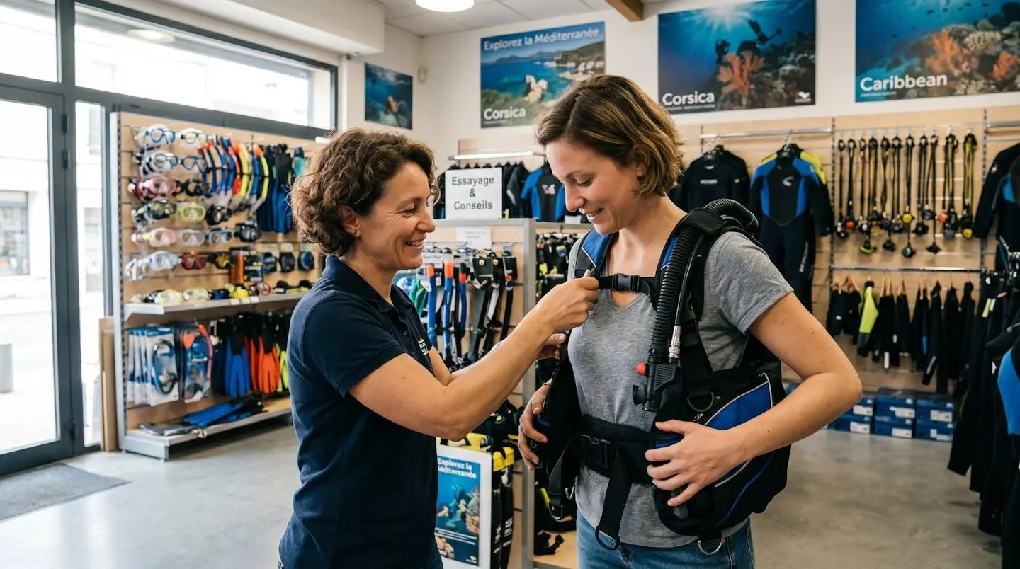Conseiller de magasin de plongée aidant un client débutant à ajuster les sangles d'un gilet stabilisateur lors d'un essayage en boutique spécialisée