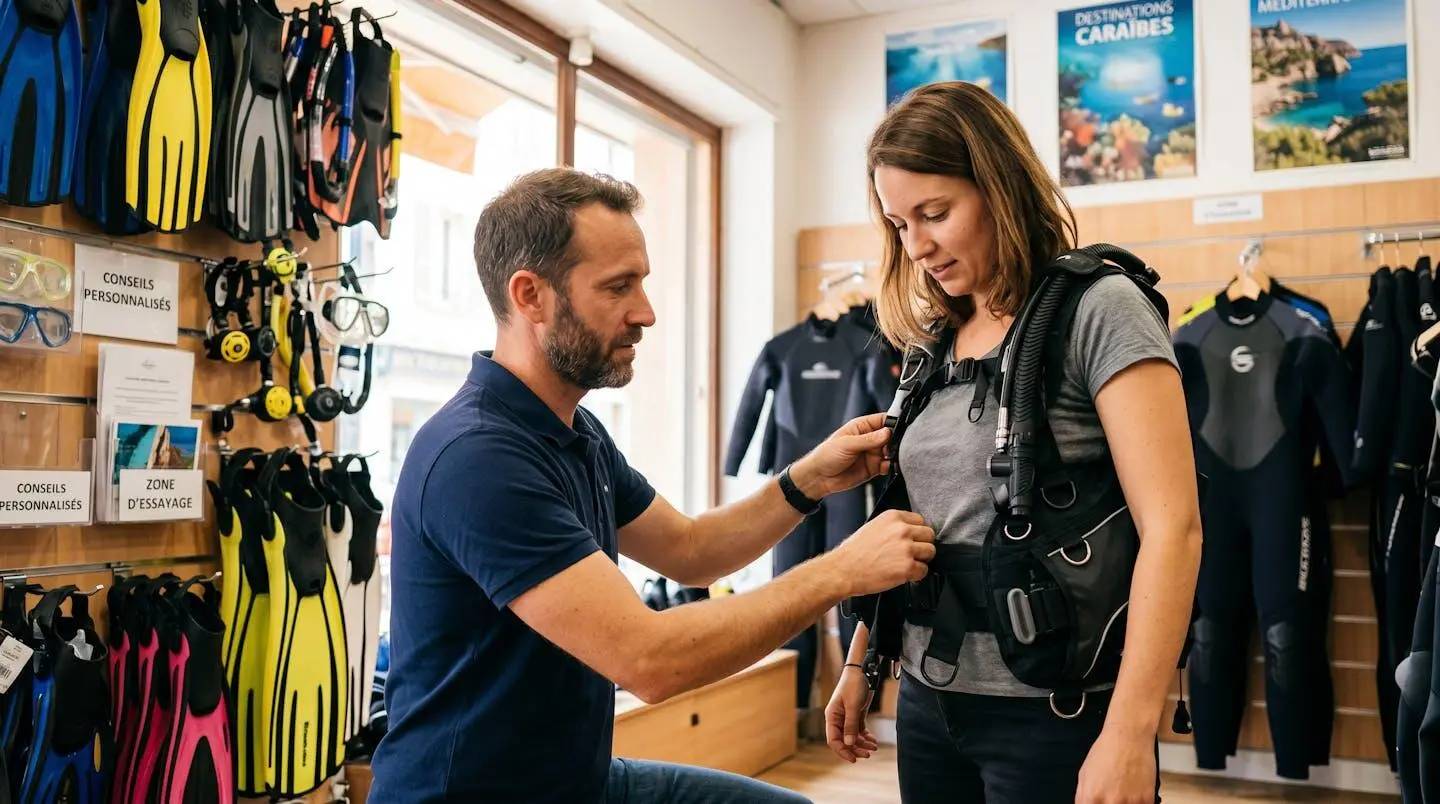 Conseiller de magasin de plongée aidant un client débutant à ajuster les sangles d'un gilet stabilisateur lors d'un essayage en boutique spécialisée