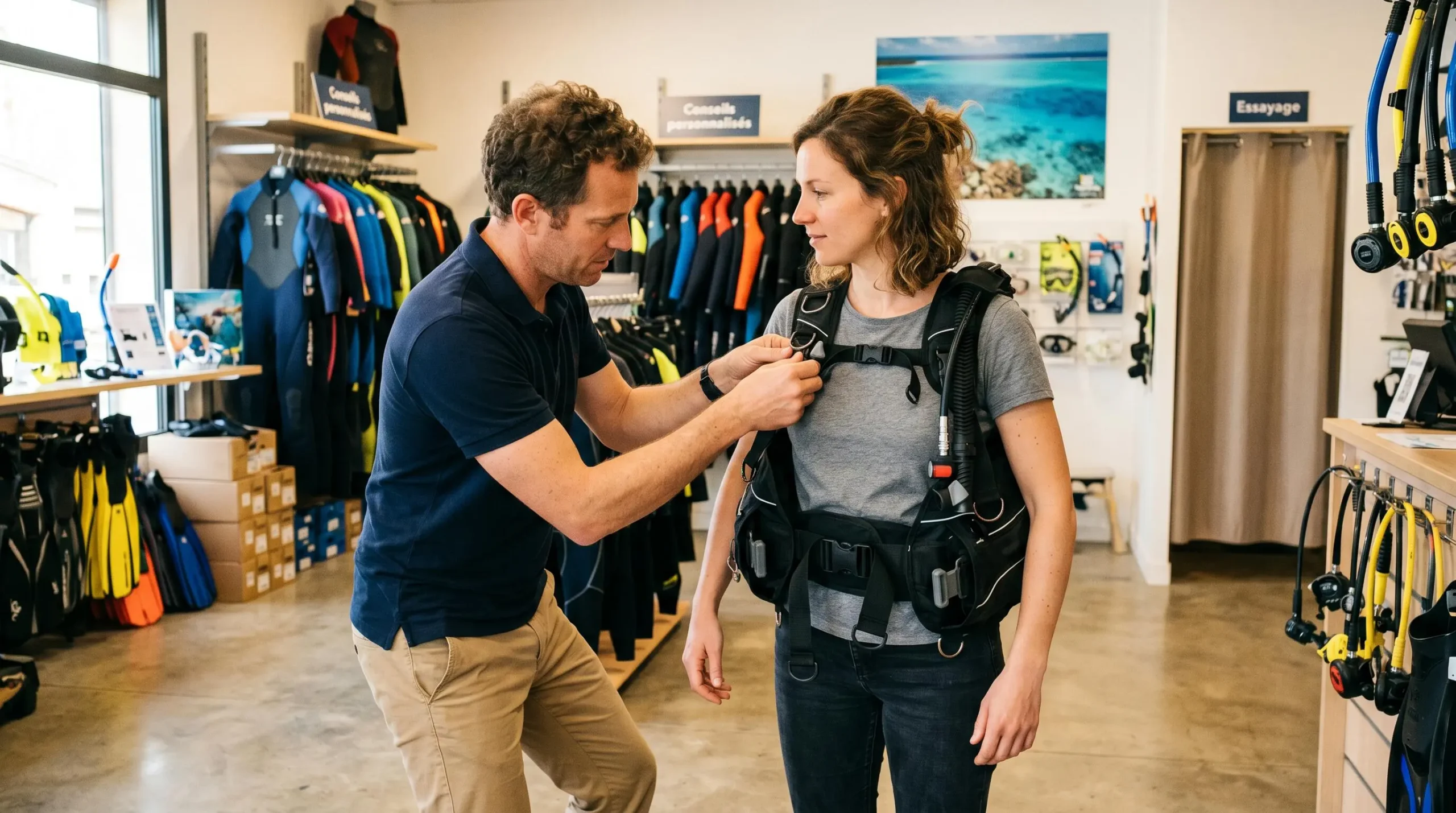 Conseiller de magasin de plongée aidant un client débutant à ajuster les sangles d'un gilet stabilisateur lors d'un essayage en boutique spécialisée