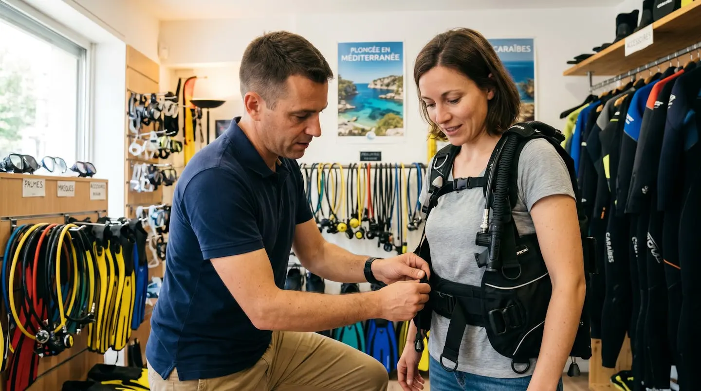 Conseiller de magasin de plongée aidant un client débutant à ajuster les sangles d'un gilet stabilisateur lors d'un essayage en boutique spécialisée