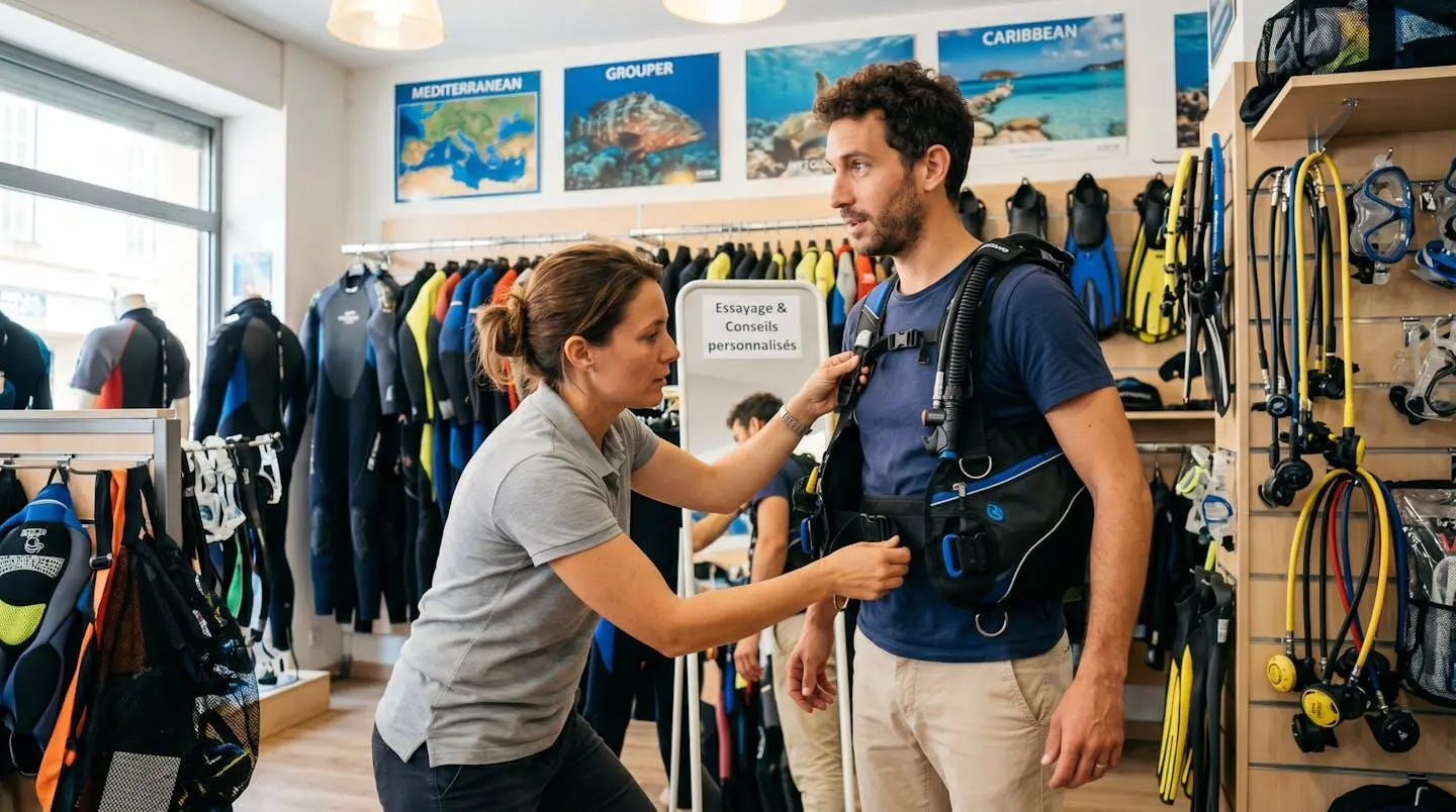 Conseiller de magasin de plongée aidant un client débutant à ajuster les sangles d'un gilet stabilisateur lors d'un essayage en boutique spécialisée
