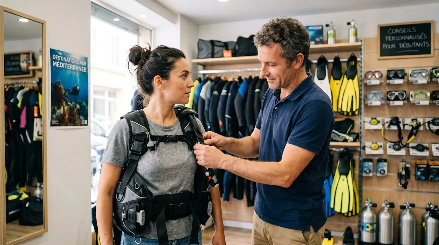 Conseiller de magasin de plongée aidant un client débutant à ajuster les sangles d'un gilet stabilisateur lors d'un essayage en boutique spécialisée