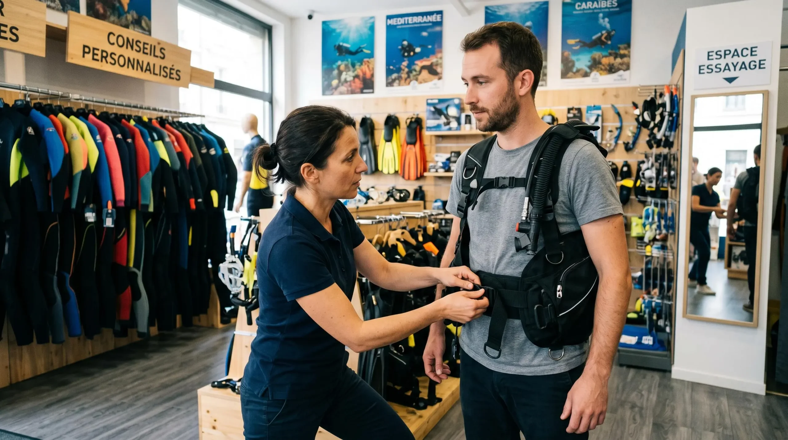 Conseiller de magasin de plongée aidant un client débutant à ajuster les sangles d'un gilet stabilisateur lors d'un essayage en boutique spécialisée