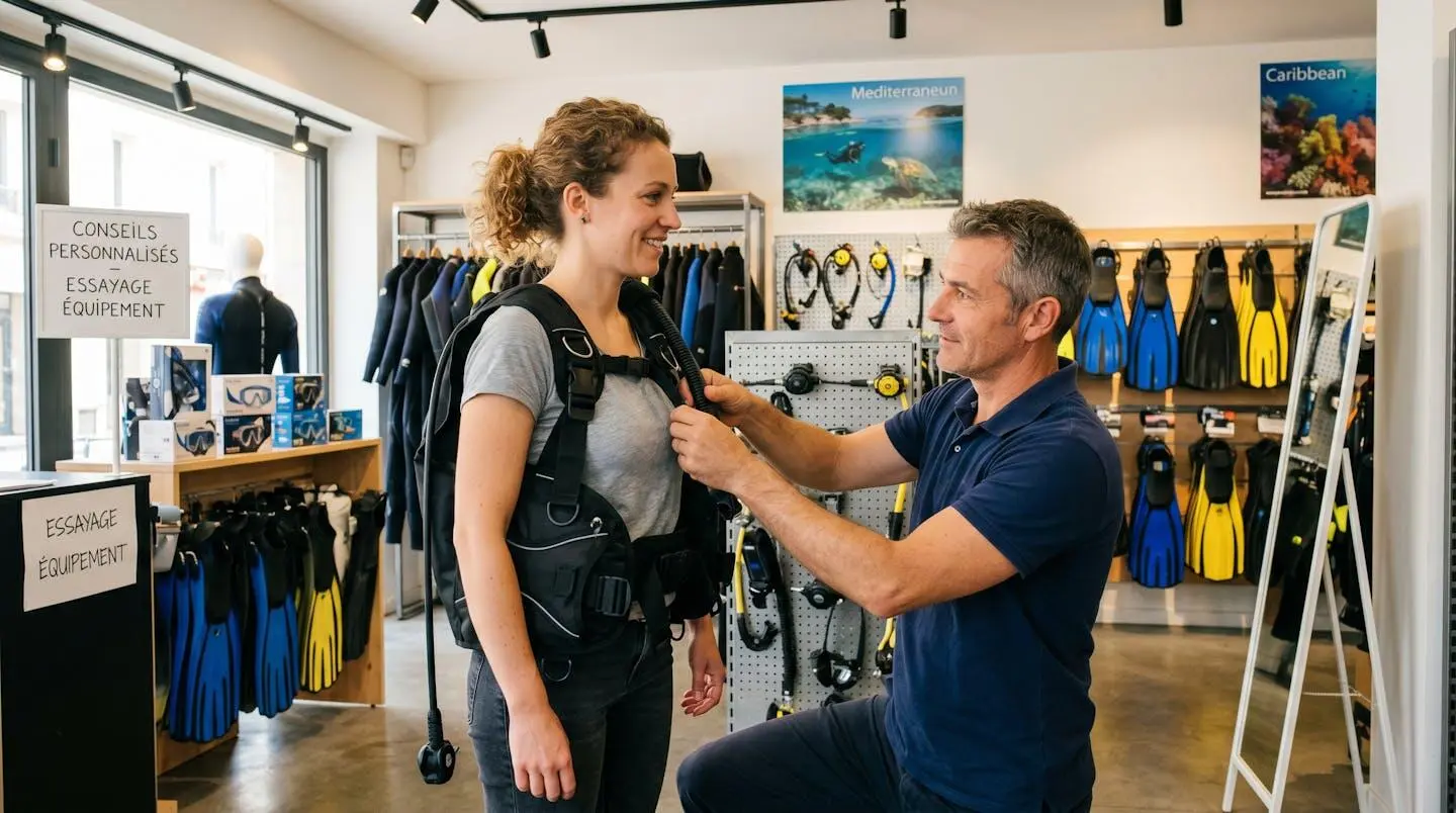 Conseiller de magasin de plongée aidant un client débutant à ajuster les sangles d'un gilet stabilisateur lors d'un essayage en boutique spécialisée