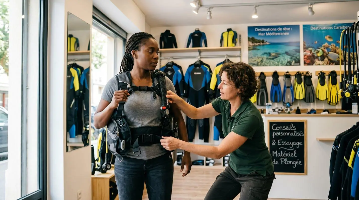 Conseiller de magasin de plongée aidant un client débutant à ajuster les sangles d'un gilet stabilisateur lors d'un essayage en boutique spécialisée
