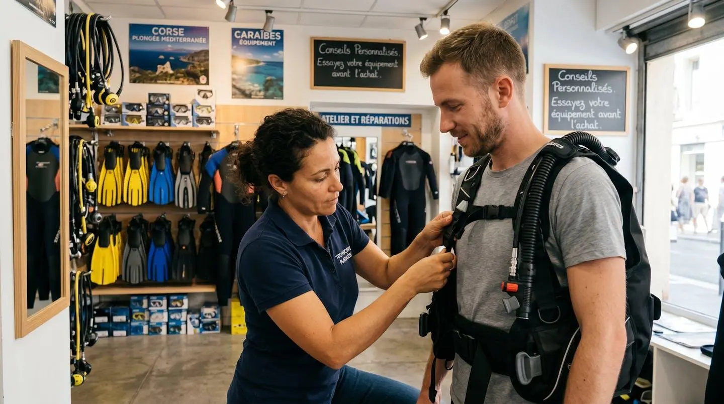 Conseiller de magasin de plongée aidant un client débutant à ajuster les sangles d'un gilet stabilisateur lors d'un essayage en boutique spécialisée