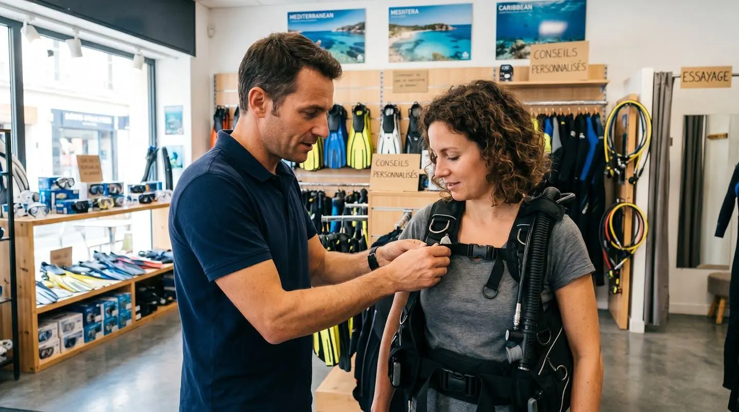Conseiller de magasin de plongée aidant un client débutant à ajuster les sangles d'un gilet stabilisateur lors d'un essayage en boutique spécialisée