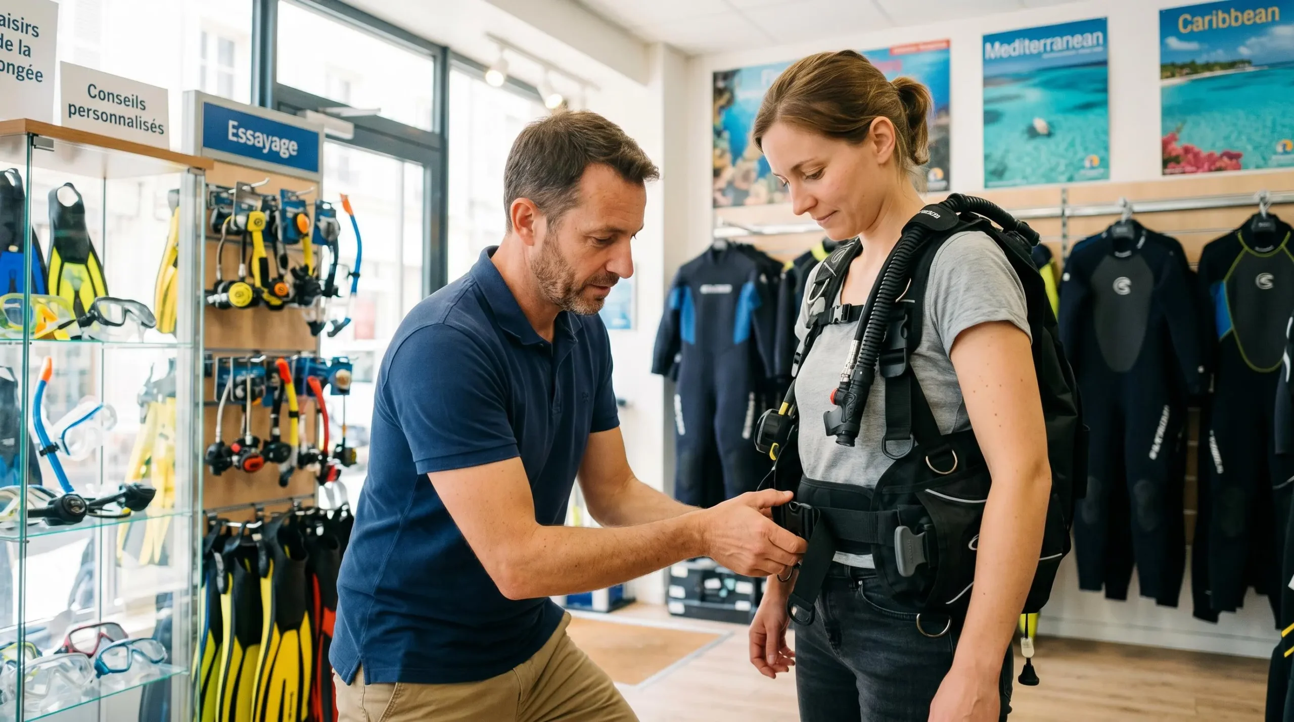 Conseiller de magasin de plongée aidant un client débutant à ajuster les sangles d'un gilet stabilisateur lors d'un essayage en boutique spécialisée