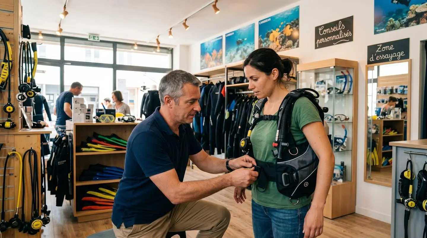 Conseiller de magasin de plongée aidant un client débutant à ajuster les sangles d'un gilet stabilisateur lors d'un essayage en boutique spécialisée