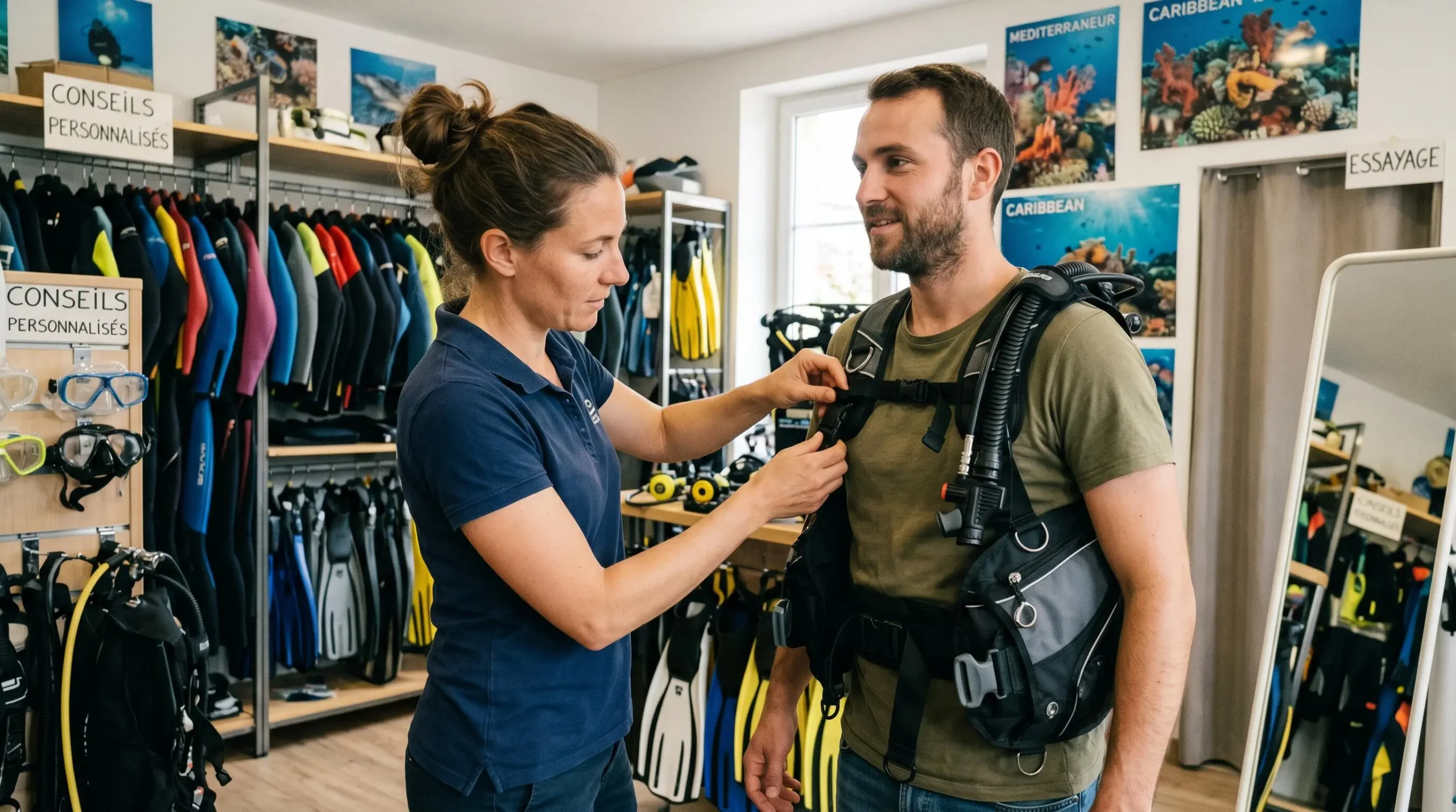 Conseiller de magasin de plongée aidant un client débutant à ajuster les sangles d'un gilet stabilisateur lors d'un essayage en boutique spécialisée