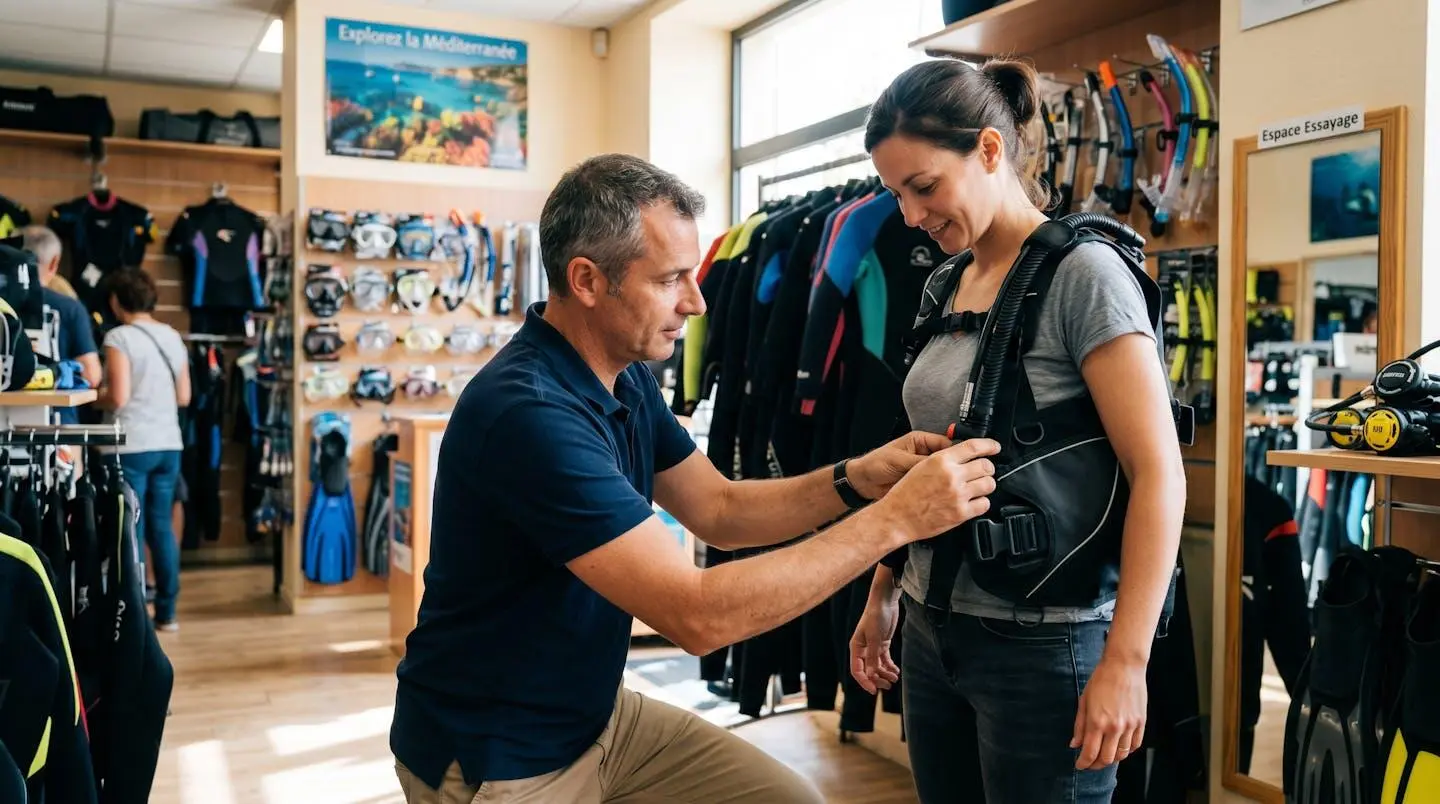 Conseiller de magasin de plongée aidant un client débutant à ajuster les sangles d'un gilet stabilisateur lors d'un essayage en boutique spécialisée