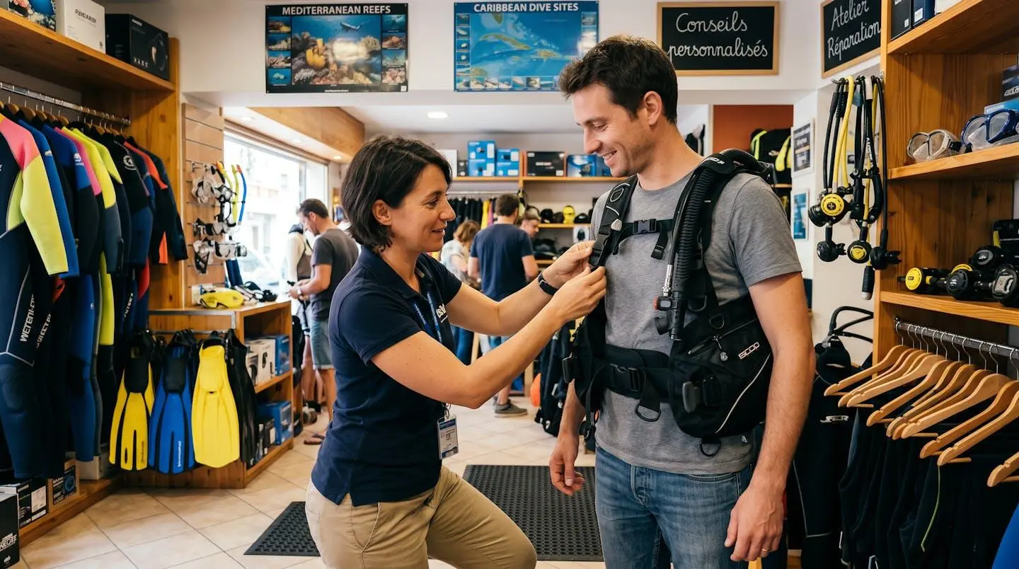 Conseiller de magasin de plongée aidant un client débutant à ajuster les sangles d'un gilet stabilisateur lors d'un essayage en boutique spécialisée