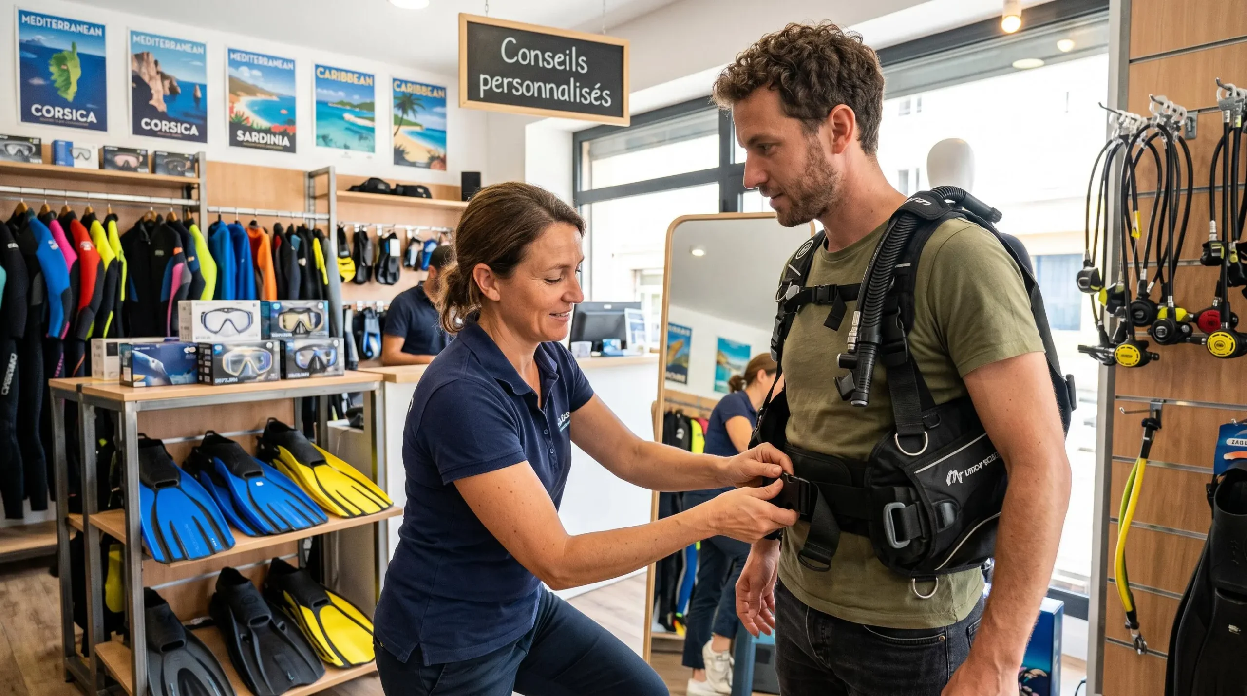 Conseiller de magasin de plongée aidant un client débutant à ajuster les sangles d'un gilet stabilisateur lors d'un essayage en boutique spécialisée