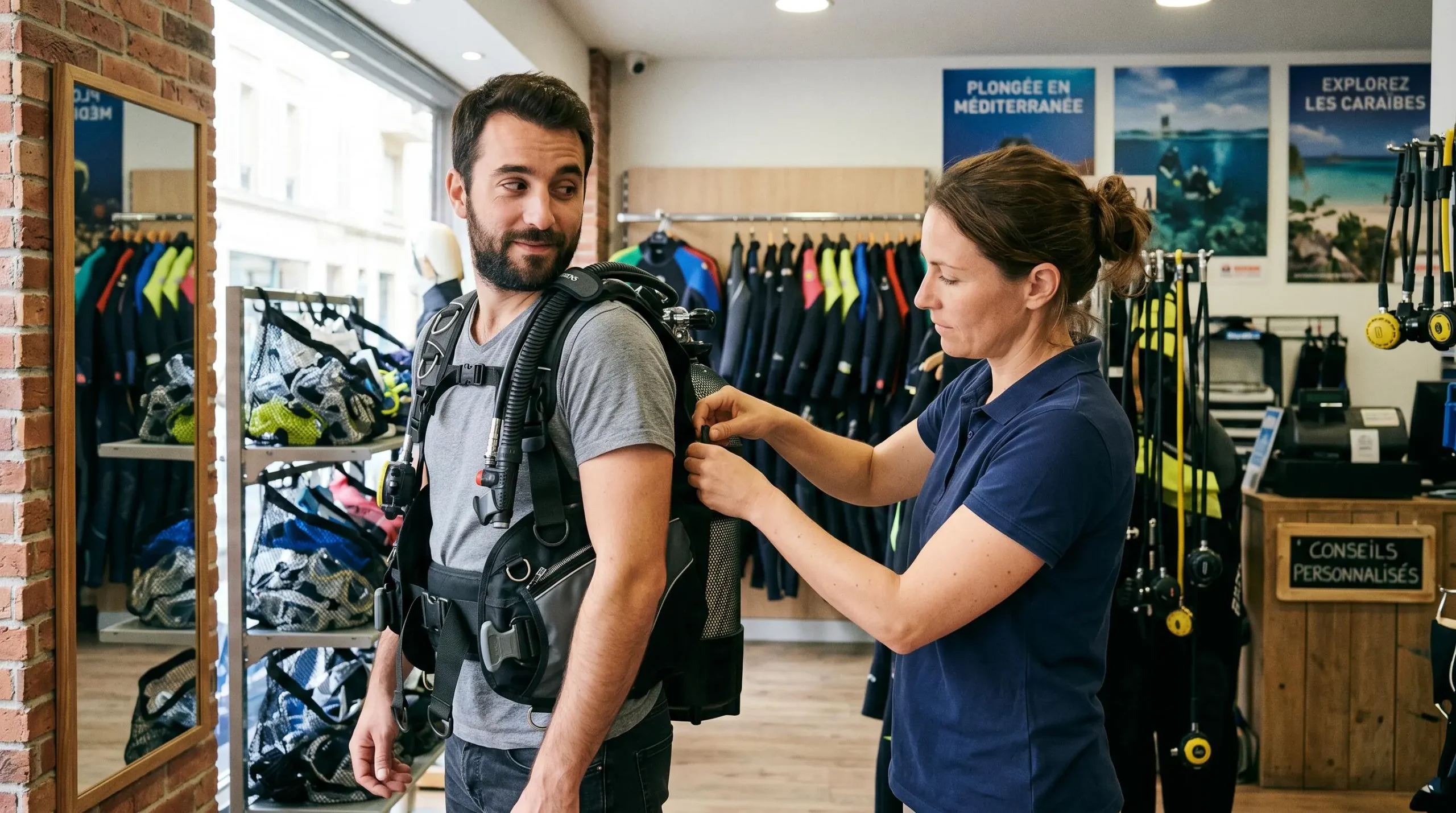 Conseiller de magasin de plongée aidant un client débutant à ajuster les sangles d'un gilet stabilisateur lors d'un essayage en boutique spécialisée