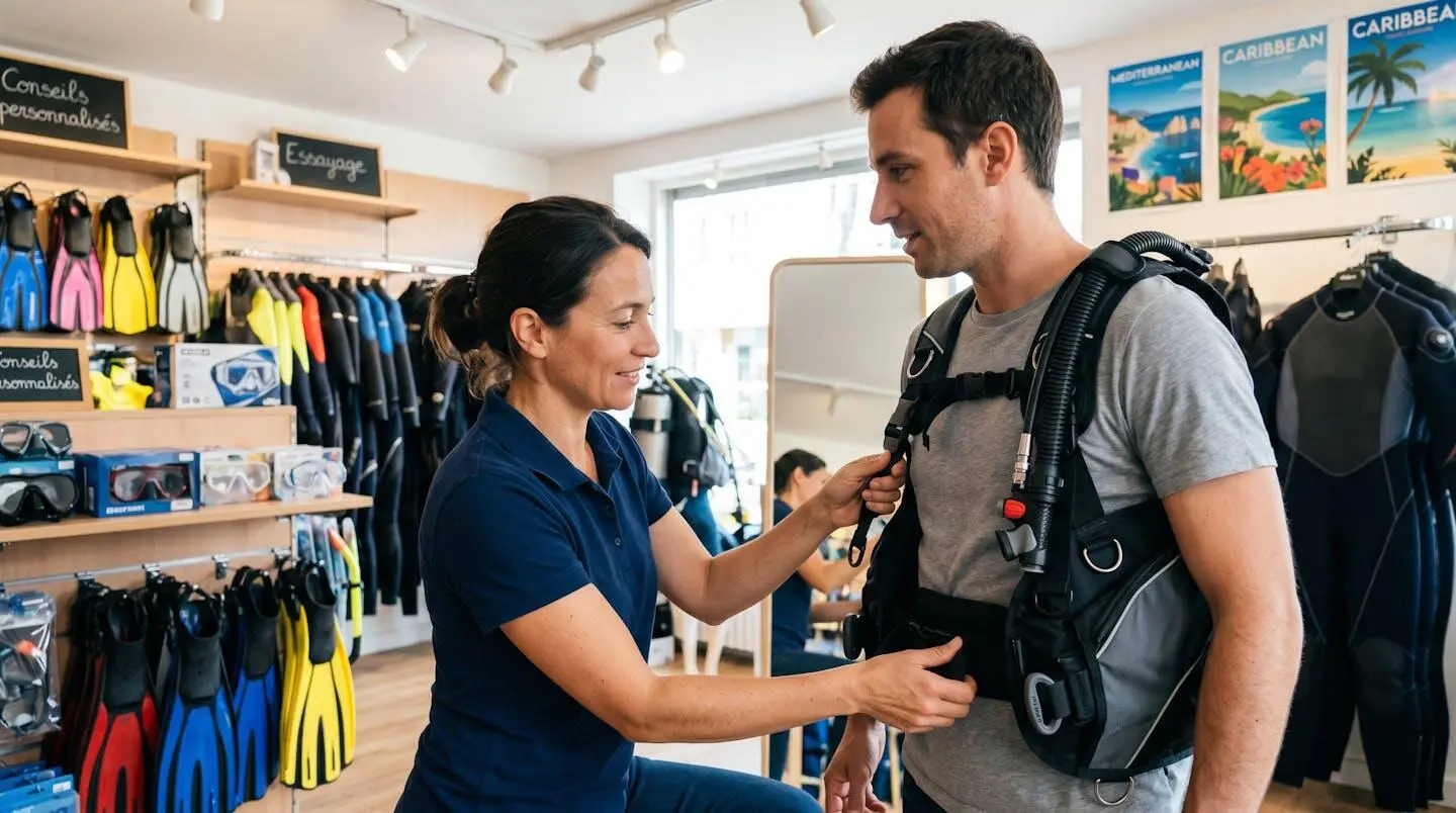 Conseiller de magasin de plongée aidant un client débutant à ajuster les sangles d'un gilet stabilisateur lors d'un essayage en boutique spécialisée