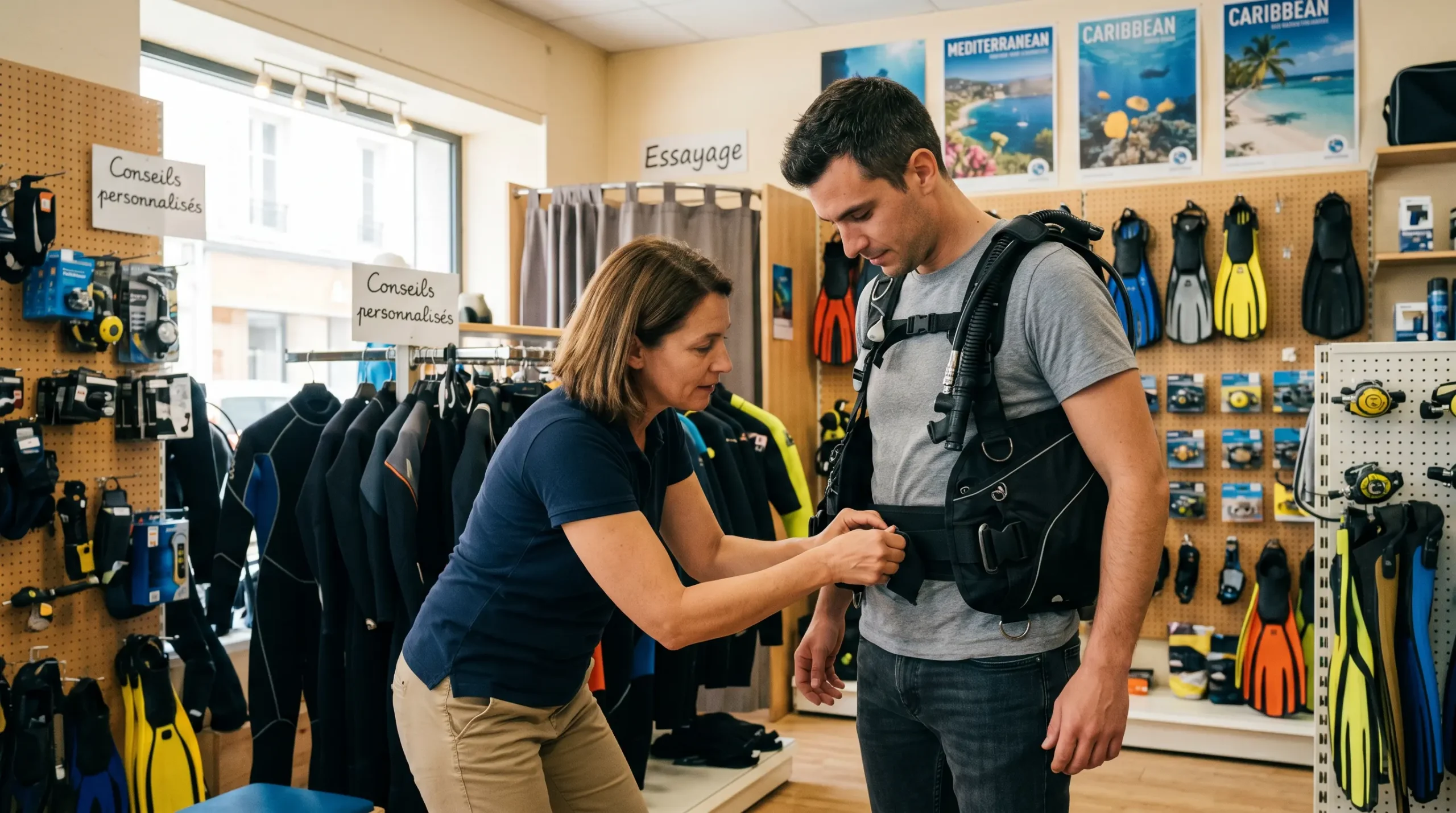Conseiller de magasin de plongée aidant un client débutant à ajuster les sangles d'un gilet stabilisateur lors d'un essayage en boutique spécialisée