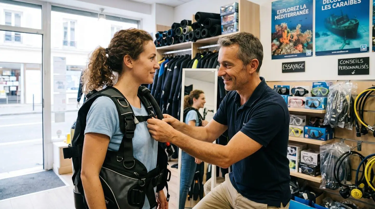Conseiller de magasin de plongée aidant un client débutant à ajuster les sangles d'un gilet stabilisateur lors d'un essayage en boutique spécialisée