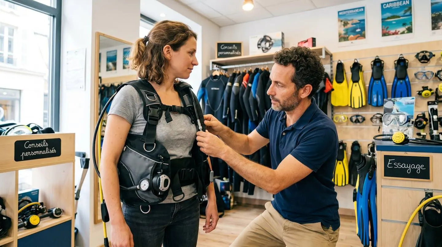 Conseiller de magasin de plongée aidant un client débutant à ajuster les sangles d'un gilet stabilisateur lors d'un essayage en boutique spécialisée