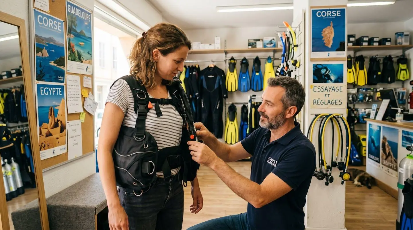 Conseiller de magasin de plongée aidant un client débutant à ajuster les sangles d'un gilet stabilisateur lors d'un essayage en boutique spécialisée