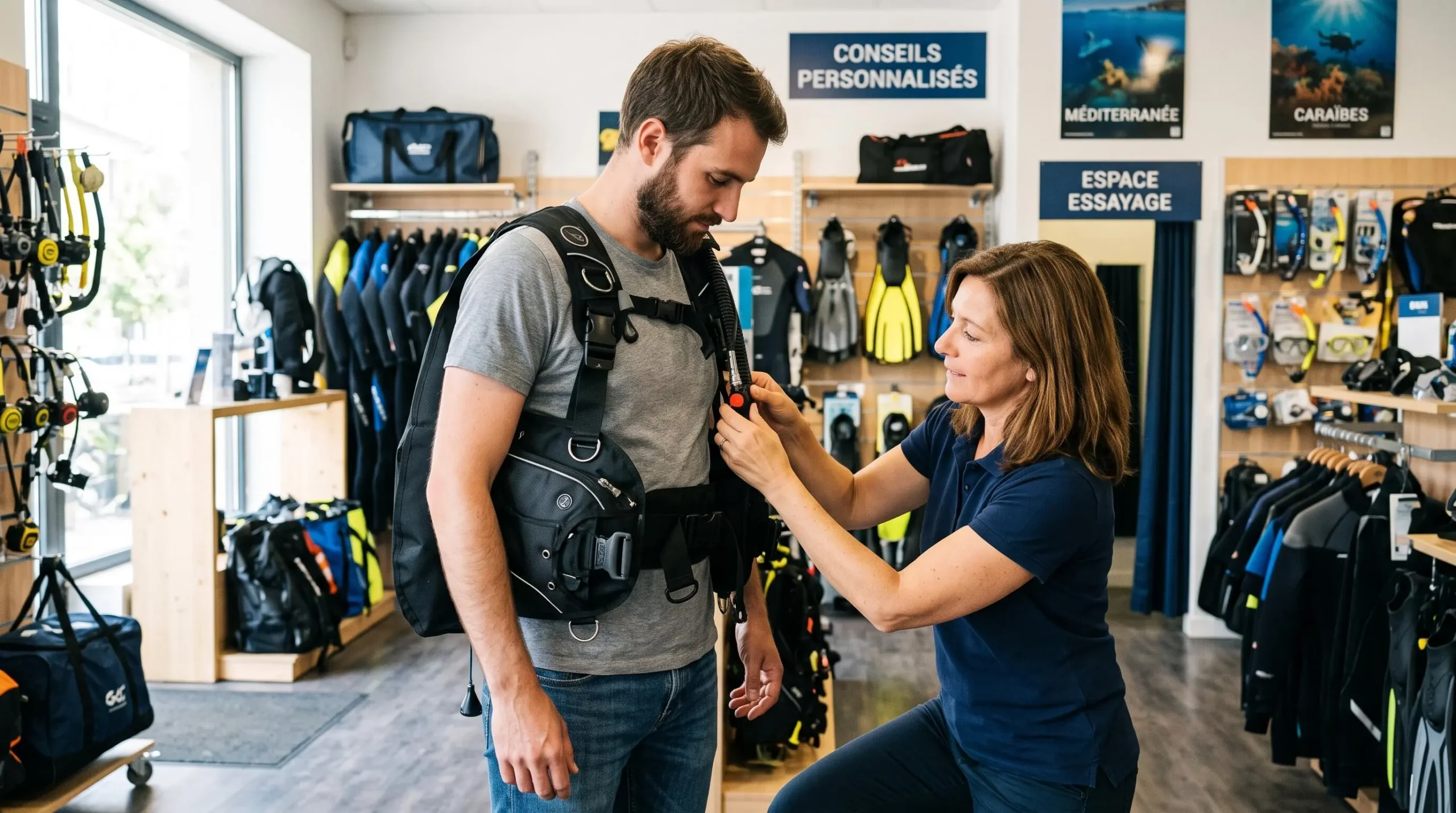 Conseiller de magasin de plongée aidant un client débutant à ajuster les sangles d'un gilet stabilisateur lors d'un essayage en boutique spécialisée