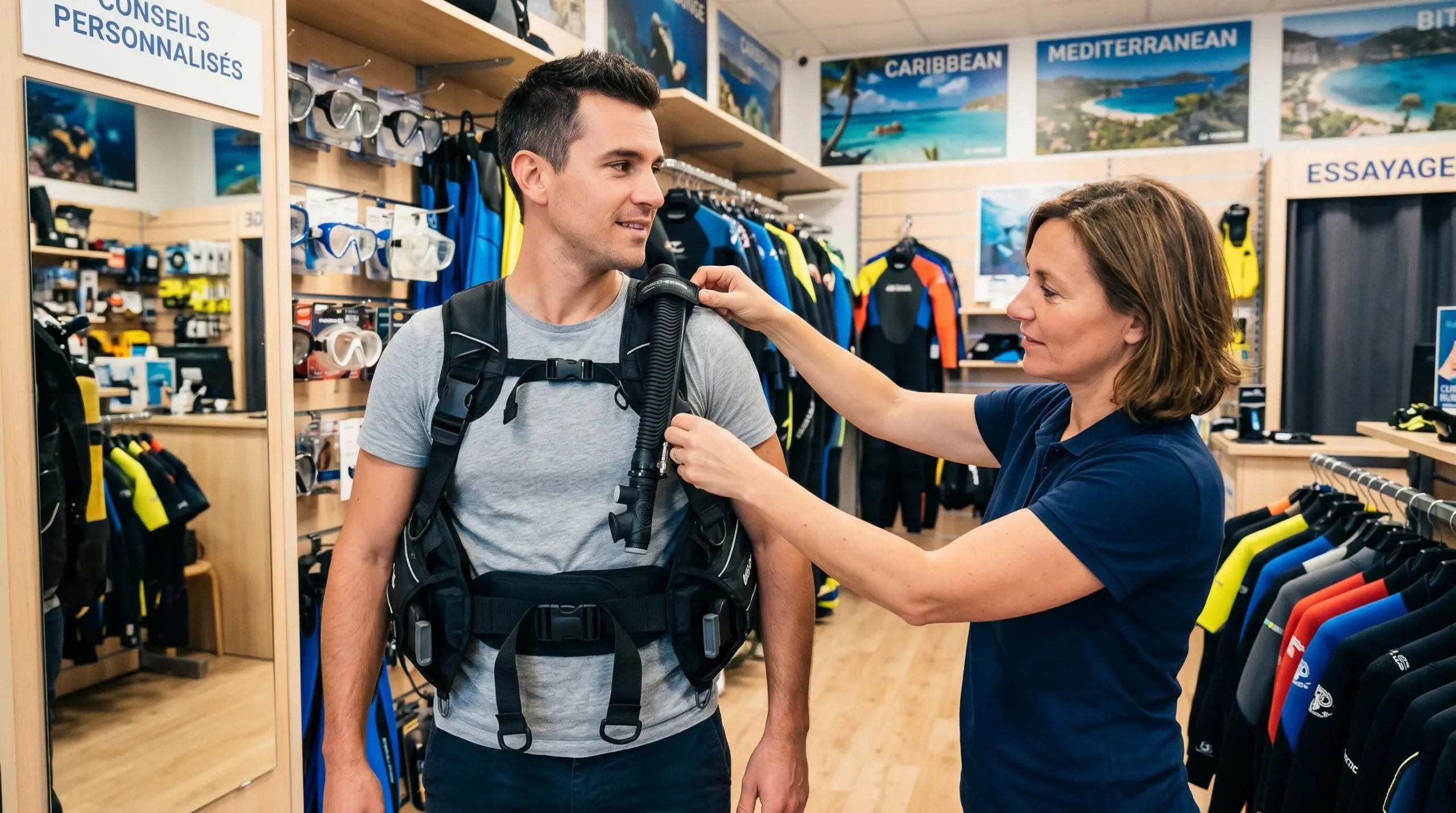 Conseiller de magasin de plongée aidant un client débutant à ajuster les sangles d'un gilet stabilisateur lors d'un essayage en boutique spécialisée