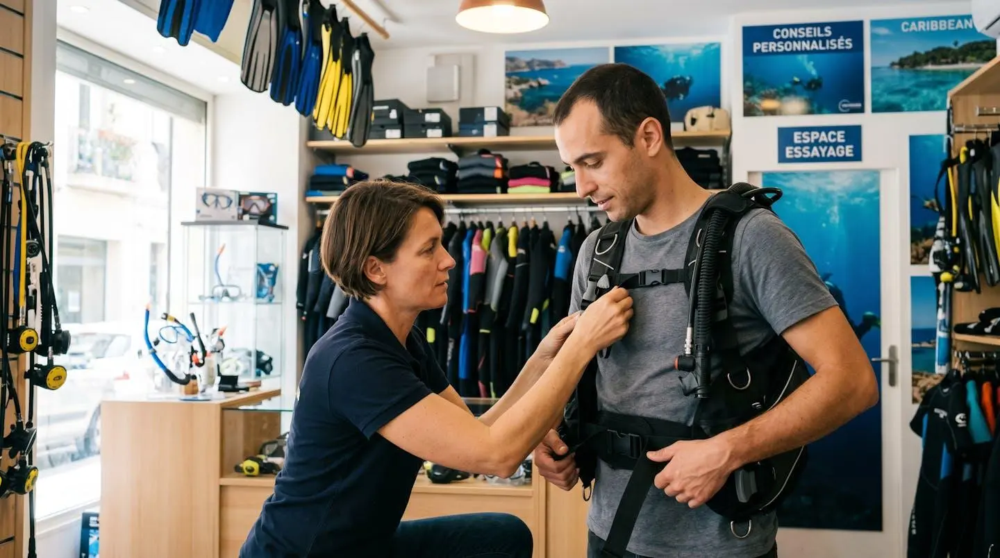 Conseiller de magasin de plongée aidant un client débutant à ajuster les sangles d'un gilet stabilisateur lors d'un essayage en boutique spécialisée