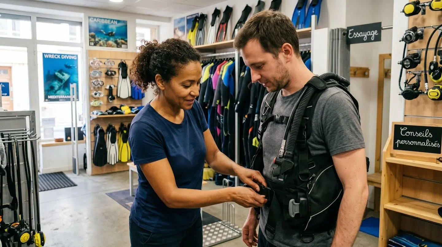 Conseiller de magasin de plongée aidant un client débutant à ajuster les sangles d'un gilet stabilisateur lors d'un essayage en boutique spécialisée