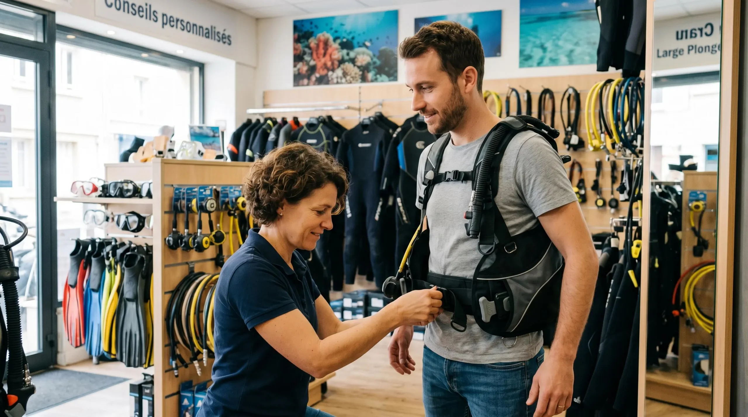 Conseiller de magasin de plongée aidant un client débutant à ajuster les sangles d'un gilet stabilisateur lors d'un essayage en boutique spécialisée