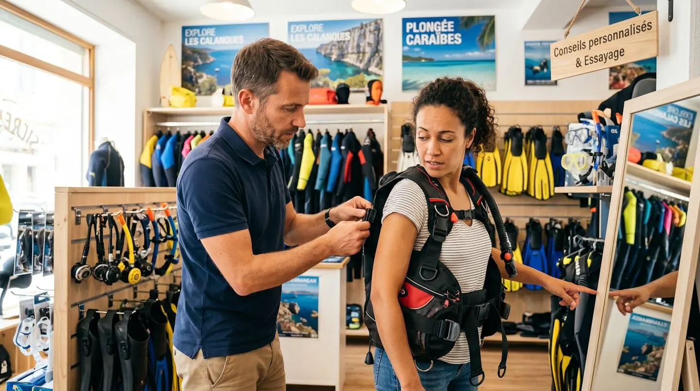 Conseiller de magasin de plongée aidant un client débutant à ajuster les sangles d'un gilet stabilisateur lors d'un essayage en boutique spécialisée