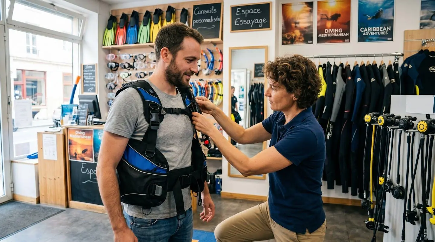 Conseiller de magasin de plongée aidant un client débutant à ajuster les sangles d'un gilet stabilisateur lors d'un essayage en boutique spécialisée