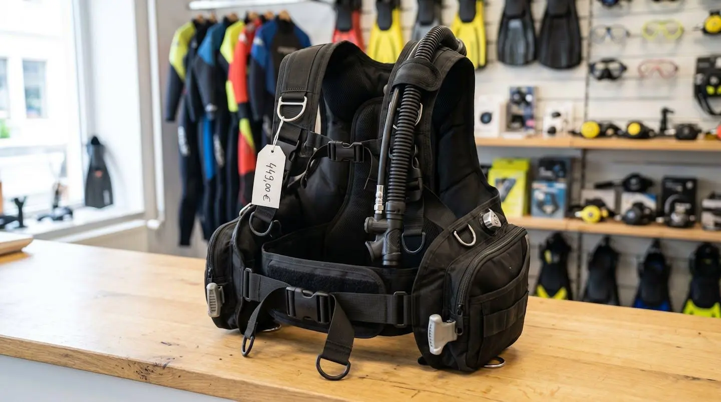 Gilet stabilisateur enveloppant de plongée posé sur un comptoir de magasin spécialisé, montrant inflateur, sangles réglables et système de purge