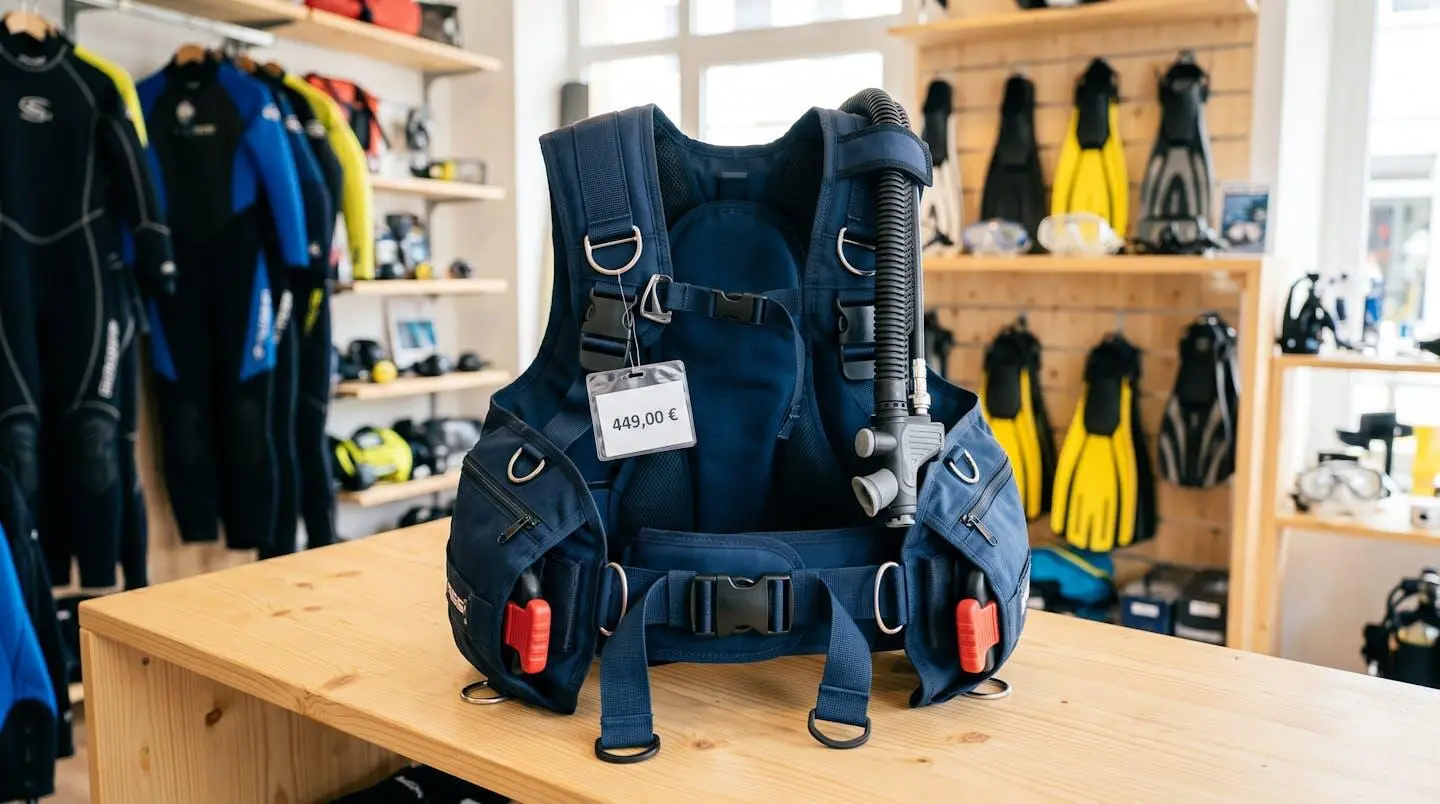 Gilet stabilisateur enveloppant de plongée posé sur un comptoir de magasin spécialisé, montrant inflateur, sangles réglables et système de purge