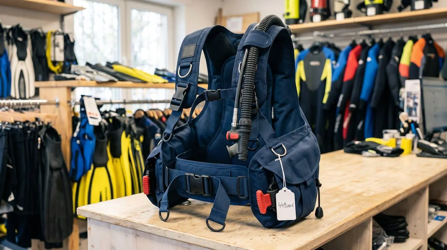 Gilet stabilisateur enveloppant de plongée posé sur un comptoir de magasin spécialisé, montrant inflateur, sangles réglables et système de purge