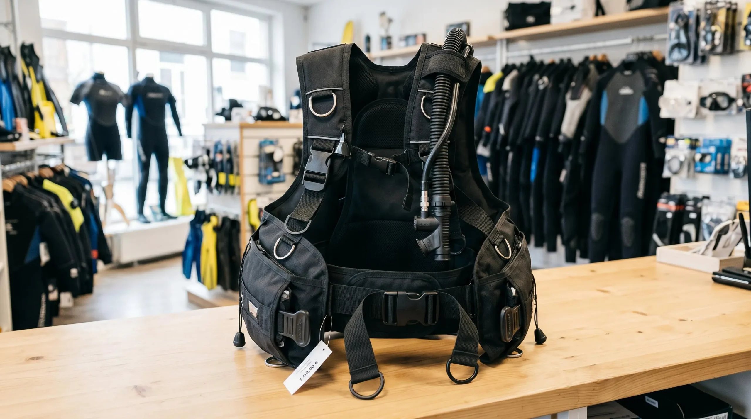 Gilet stabilisateur enveloppant de plongée posé sur un comptoir de magasin spécialisé, montrant inflateur, sangles réglables et système de purge
