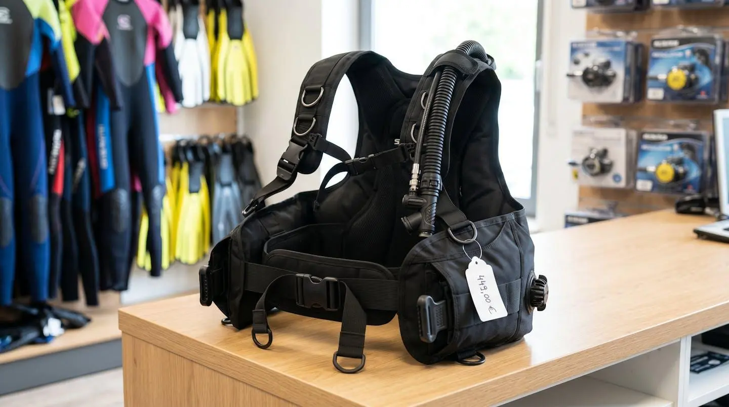 Gilet stabilisateur enveloppant de plongée posé sur un comptoir de magasin spécialisé, montrant inflateur, sangles réglables et système de purge